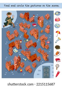 Find and circle 10 hidden objects. Educational puzzle for children. Vector illustration. Help the detective get into the castle.