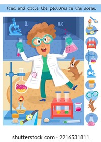 Find   circle 10 hidden objects  Puzzle game for kids  Chemical scientist made discovery among objects in  lab  Vector illustration in cartoon style 