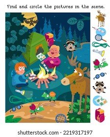 Buscar y rodear 10 objetos ocultos. Juego de rompecabezas para los niños.  Animales en el bosque. Personajes cortos y un campamento tipo caricatura. Ilustración vectorial.