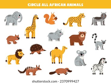 Find and circle all African animals. Logical game for kids.