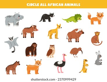 Find and circle all African animals. Logical game for kids.