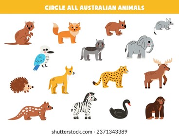 Find and circle all Australian animals. Logical game for kids.