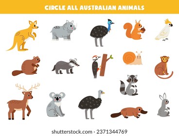 Find and circle all Australian animals. Logical game for kids.