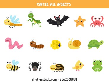 Encuentra y rodea a todos los insectos. Juego lógico para niños.