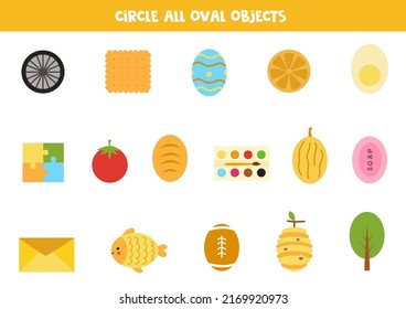 Find and circle all oval items. Logical game for kids.