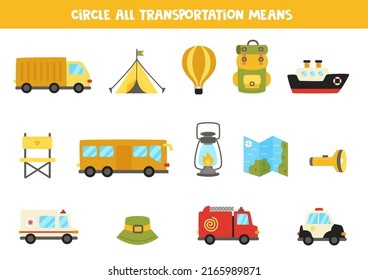 Find and circle all transportation means. Logical game for kids.