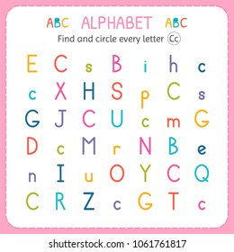 Find and circle every letter C. Worksheet for kindergarten and preschool. Exercises for children. Vector illustration