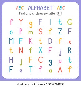 Find and circle every letter F. Worksheet for kindergarten and preschool. Exercises for children. Vector illustration