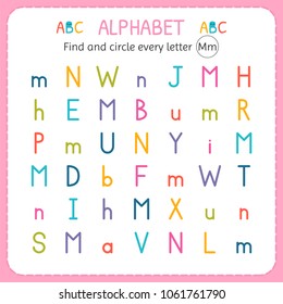 Find and circle every letter M. Worksheet for kindergarten and preschool. Exercises for children. Vector illustration