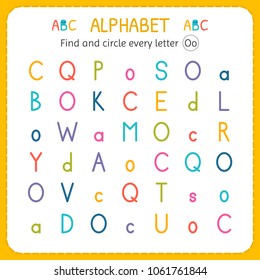 Find and circle every letter O. Worksheet for kindergarten and preschool. Exercises for children. Vector illustration