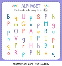 Find and circle every letter P. Worksheet for kindergarten and preschool. Exercises for children. Vector illustration