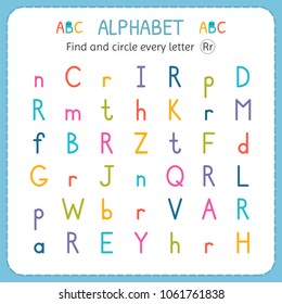 Find and circle every letter R. Worksheet for kindergarten and preschool. Exercises for children. Vector illustration