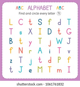 Find and circle every letter T. Worksheet for kindergarten and preschool. Exercises for children. Vector illustration