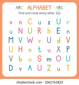 Find and circle every letter U. Worksheet for kindergarten and preschool. Exercises for children. Vector illustration