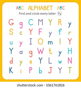 Find and circle every letter Y. Worksheet for kindergarten and preschool. Exercises for children. Vector illustration