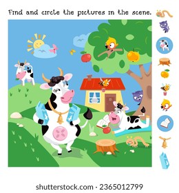 Find and circle hidden objects. Educational game for children. Animals on farm. Cartoon characters. Cute funny cows walk and read book. Vector illustration.