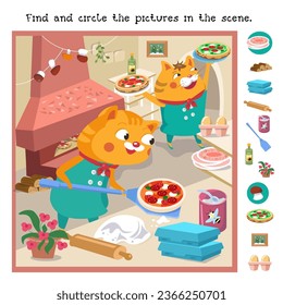 Find and circle hidden objects. Educational game for children. Cute pizzaiolo cats with pizza on shovel. Cartoon funny characters. Food and professions. Vector illustration for children. 