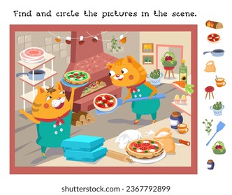 Find and circle hidden objects. Educational game for children. Cute pizzaiolo cats with pizza on shovel. Cartoon funny characters. Food and professions. Vector illustration for children. 