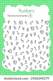 Find and circle number eight simple educational activity for children, outline hand drawn vector illustration, educational printable worksheet, leisure activity learning concept, teacher resources