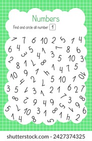 Find and circle number one simple educational activity for children, outline hand drawn vector illustration, educational printable worksheet, leisure activity learning concept, teacher resources