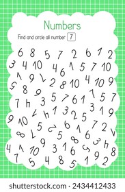 Find and circle number seven simple educational activity for children, outline hand drawn vector illustration, educational printable worksheet, leisure activity learning concept, teacher resources