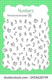 Find and circle number ten simple educational activity for children, outline hand drawn vector illustration, educational printable worksheet, leisure activity learning concept, teacher resources