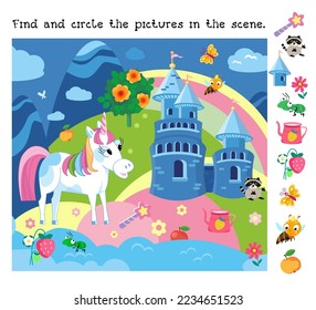 Find and circle the objects. Cute unicorn and landscape with castle and towers. Fairyland. Educational puzzle for children. Cartoon character vector illustration.