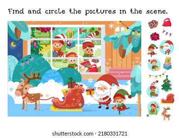 Find and circle objects. Educational game for children. Cute Santa, elves and Christmas. Character in cartoon style. Vector color illustration.