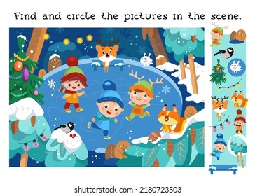 Find and circle objects. Educational game for children. Cute boys and girls are skating in winter. Animal in forest. Winter scene in cartoon style. Vector illustration.