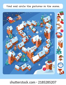 Find and circle objects. Educational game for children. Santa Claus flies over village on Christmas Eve and lowers gifts into chimneys of houses. Winter scene in cartoon style. Vector illustration.