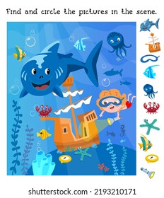 Find and circle objects. Educational game for children. Cute boy and ship under water. Funny shark, seascape, cartoon style scene. Vector illustration, full color.