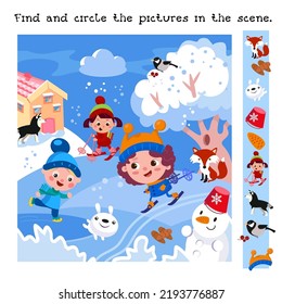 Find   circle objects  Educational game for children  Cute children   animals in winter  Children skiing   skating  Characters in cartoon style  Vector illustration 
