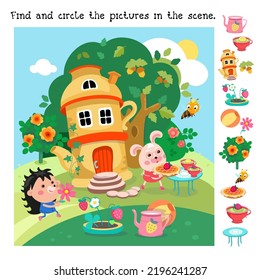 Find and circle objects. Educational game for children. Fairy tale ceramic teapot house in forest. Cute animals bunny with pie and hedgehog. Building, cartoon style characters. 