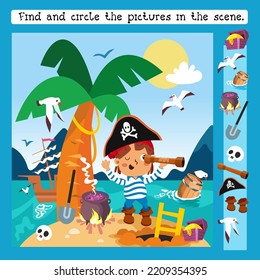 Buscar y rodear objetos. Juego educativo, rompecabezas para los niños. Un pirata y un tesoro en una isla desierta. Ilustración vectorial.