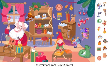 Find and circle objects. Educational game puzzle for kids. Cute Santa and elf makes gifts. Workshop with furniture, gifts, letters. Winter Christmas holidays. Scene, vector cartoon illustration.