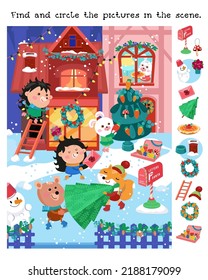 Find and circle objects. Educational puzzle game for children. Cute forest animals prepare for Christmas. Winter scene in cartoon style. Vector illustration.