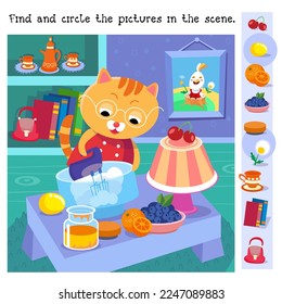 Find and circle objects. Educational puzzle game for children. Cute kitten making cake. Cartoon cat character in kitchen. Vector illustustratuon.