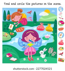 Find and circle objects. Educational puzzle game for children. Cute little fairy brushes teeth. Cartoon characters with flowers near lake. Magic fairyland. Vector illustration.