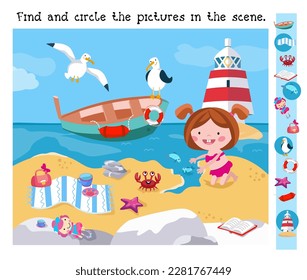 Buscar y rodear objetos. Juego de rompecabezas educativo para niños. Una niña pequeña por mar. Animales en la playa en verano. Personajes de dibujos animados, barco y faro. Ilustración vectorial.