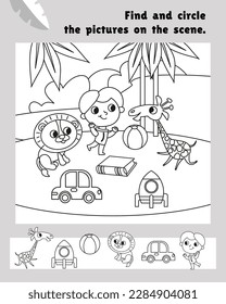 Find and circle objects. Educational puzzle game for children. Cute animals and boy in Africa in cartoon style. Black and white vector illustration.