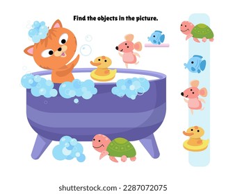 Find and circle objects. Educational puzzle game for children. Cute cat with toys in bath. Animals in cartoon style. Color vector illustration.