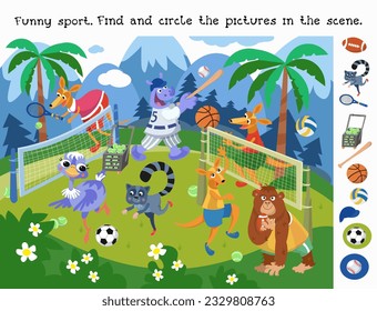 Find and circle objects. Educational puzzle game for children. Cute animals playing sports. Vector cartoon scene. Funny animals in sports suits. 