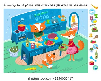 Find   circle objects  Educational puzzle game for children  Friendly family foxes in kitchen  Funny cartoon characters  scene for design  Vector illustration  