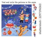 Find and circle objects. Puzzle game for children. Cute funny performers at circus. Funny show with musicians and people. Cartoon characters. Vector illustration. 