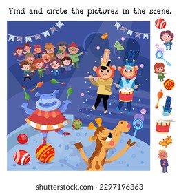 Find and circle objects. Puzzle game for children. Cute funny performers at circus. Funny show with musicians and people. Cartoon characters. Vector illustration. 