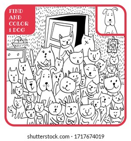 Find And Color 1 Dog. Maths Game For Kids Learning To Count. Coloring Book. Education For Preschoolers.