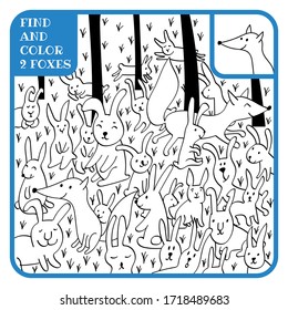 Find and color 2 foxes. Math game for kids learning to count. Coloring book. Education for preschoolers