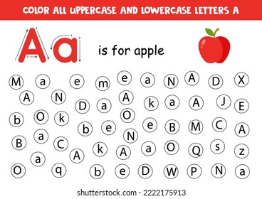 Find and color all letters A. Educational worksheet for learning alphabet. ABC letters. A is for apple.