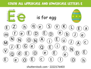 Find and color all letters E. Educational worksheet for learning alphabet. ABC letters. E is for egg.