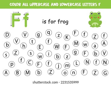Find and color all letters F. Educational worksheet for learning alphabet. ABC letters. F is for frog.